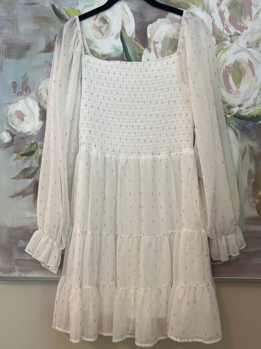 Alter'd State Cream Dress Sheer Sleeves Gold Silver Flecks Smocked Bodice Medium